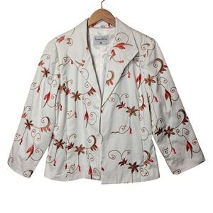 Pamela McCoy Blazer Womens L White Red Bronze Floral Embroidered Hook Eye Jacket